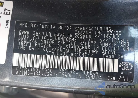 2009 Toyota Corolla Le z USA, uszkodzony, nr VIN 2T1BU40E19C181712